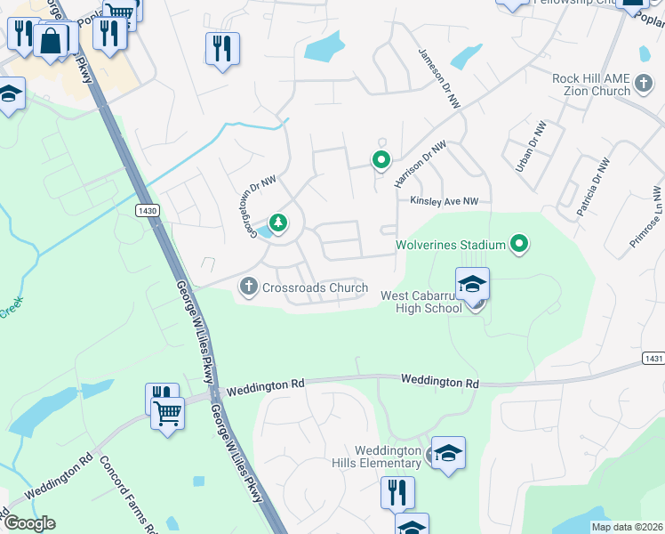 map of restaurants, bars, coffee shops, grocery stores, and more near 2550 Old Ashworth Lane Northwest in Concord
