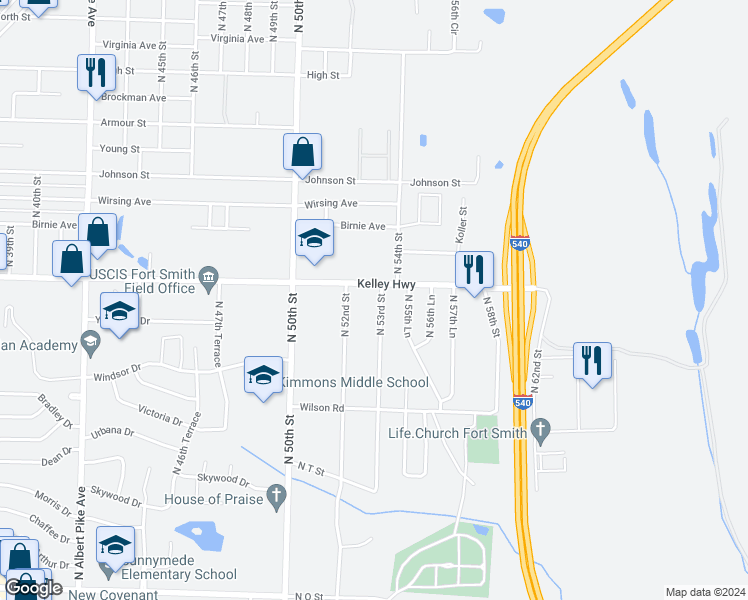 map of restaurants, bars, coffee shops, grocery stores, and more near 2411 North 53rd Street in Fort Smith