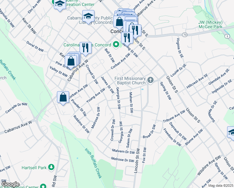 map of restaurants, bars, coffee shops, grocery stores, and more near 146 Georgia Street Southwest in Concord