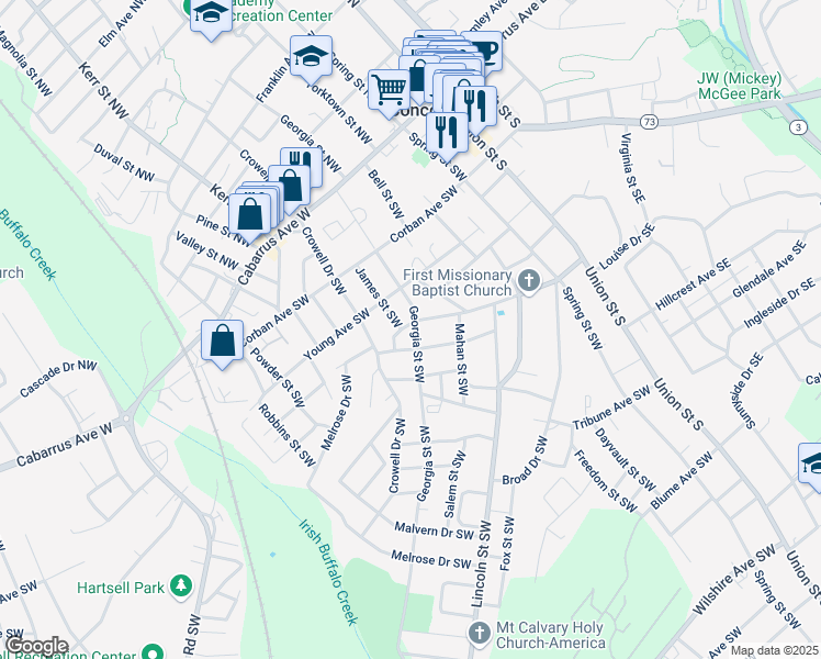 map of restaurants, bars, coffee shops, grocery stores, and more near 146 Georgia Street Southwest in Concord