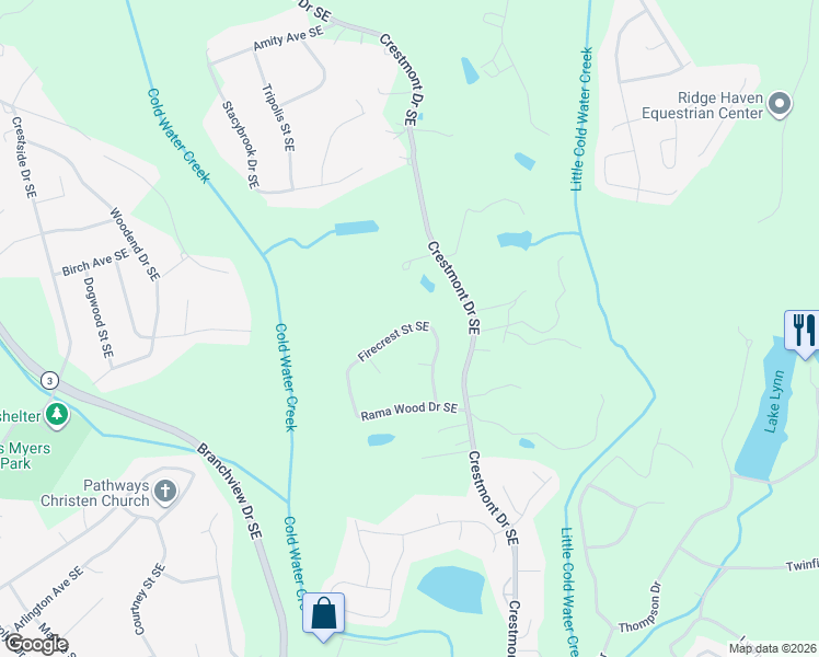 map of restaurants, bars, coffee shops, grocery stores, and more near 726 Firecrest Street Southeast in Concord