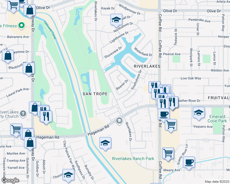map of restaurants, bars, coffee shops, grocery stores, and more near 4719 Marsh Hawk Drive in Bakersfield