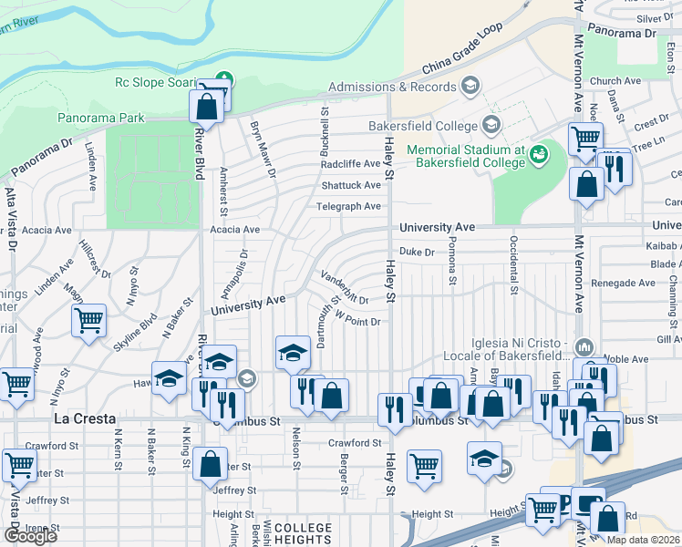 map of restaurants, bars, coffee shops, grocery stores, and more near 1207 Duke Drive in Bakersfield