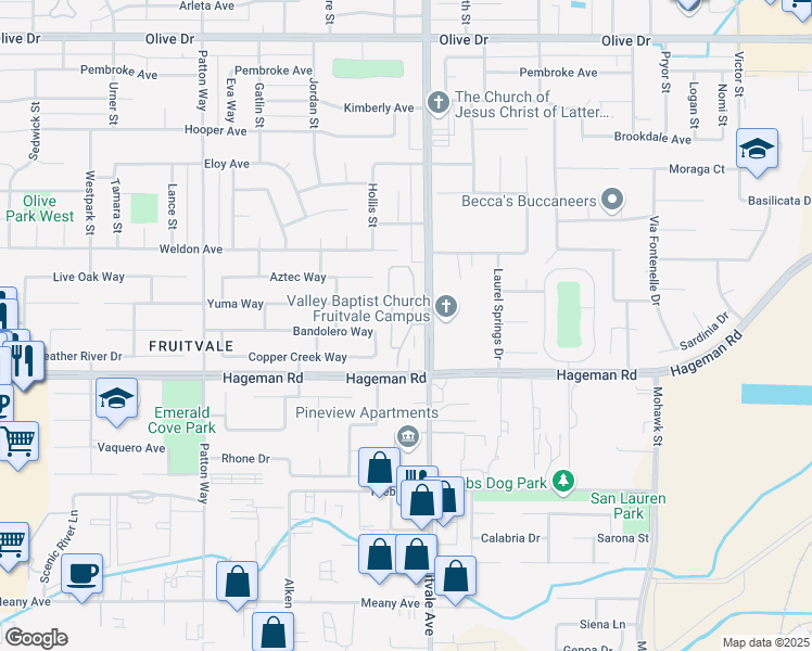 map of restaurants, bars, coffee shops, grocery stores, and more near 4820 Mecca Place in Bakersfield