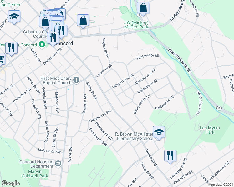 map of restaurants, bars, coffee shops, grocery stores, and more near 322 Sunset Drive Southeast in Concord