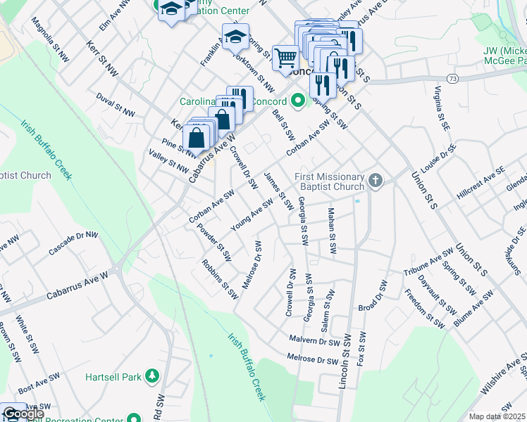 map of restaurants, bars, coffee shops, grocery stores, and more near 110 Crowell Drive Southwest in Concord