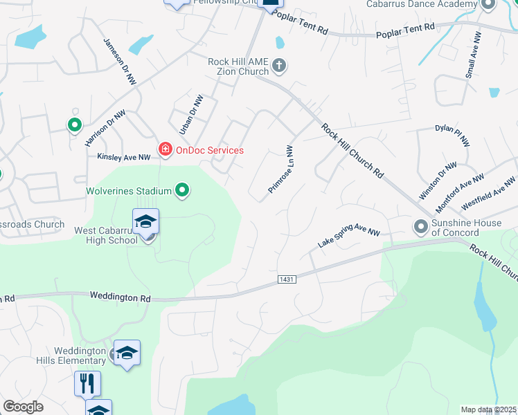 map of restaurants, bars, coffee shops, grocery stores, and more near 3758 Fieldcrest Circle Northwest in Concord