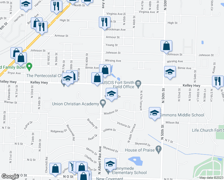 map of restaurants, bars, coffee shops, grocery stores, and more near 4301 Yorkshire Drive in Fort Smith