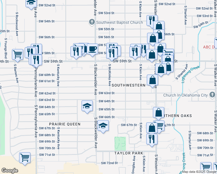 map of restaurants, bars, coffee shops, grocery stores, and more near 1208 Southwest 62nd Street in Oklahoma City