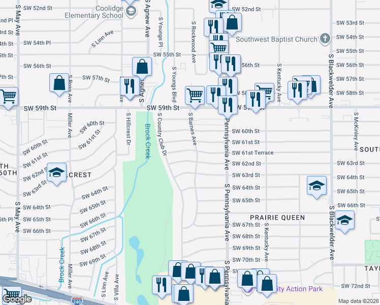 map of restaurants, bars, coffee shops, grocery stores, and more near 2208 Southwest 61st Terrace in Oklahoma City