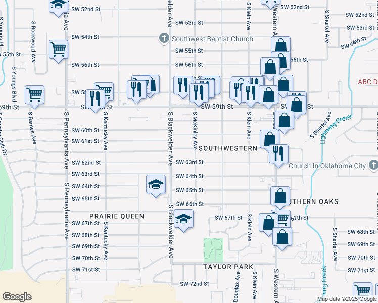 map of restaurants, bars, coffee shops, grocery stores, and more near 1208 Southwest 62nd Street in Oklahoma City