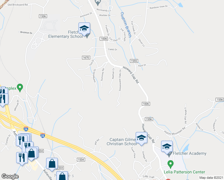 map of restaurants, bars, coffee shops, grocery stores, and more near 225 Nathan Court in Fletcher