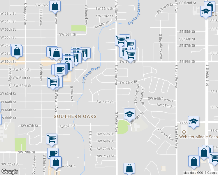 map of restaurants, bars, coffee shops, grocery stores, and more near 517 Southwest 63rd Terrace in Oklahoma City