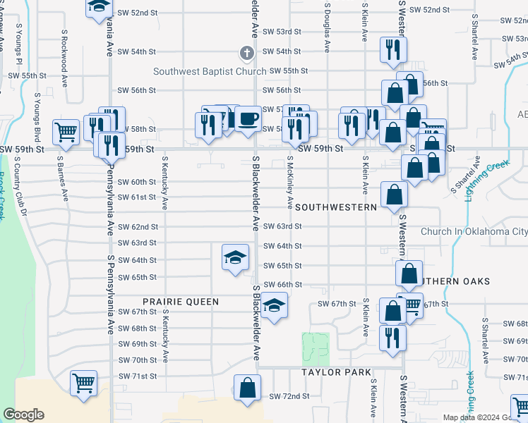 map of restaurants, bars, coffee shops, grocery stores, and more near 1232 Southwest 62nd Street in Oklahoma City