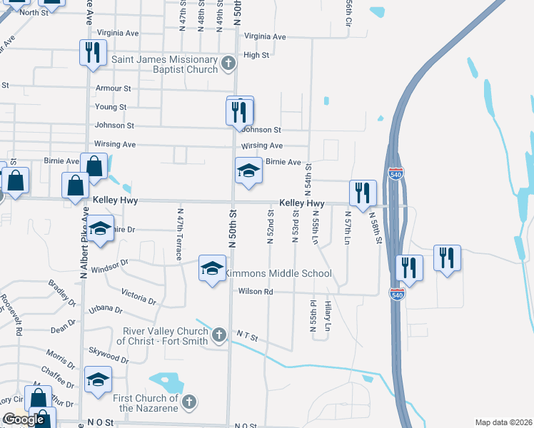 map of restaurants, bars, coffee shops, grocery stores, and more near 2429 North 52nd Street in Fort Smith