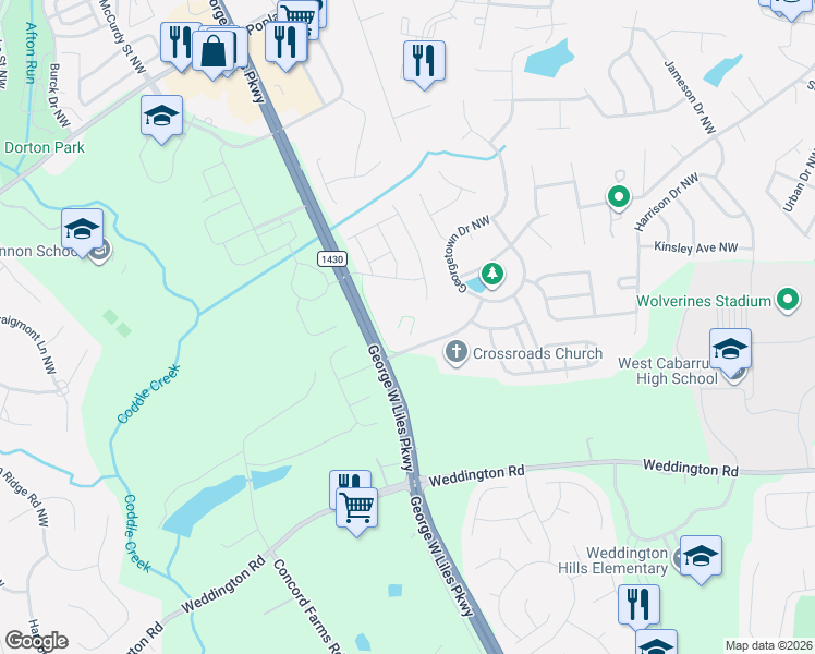 map of restaurants, bars, coffee shops, grocery stores, and more near 350 Joshua Place Northwest in Concord