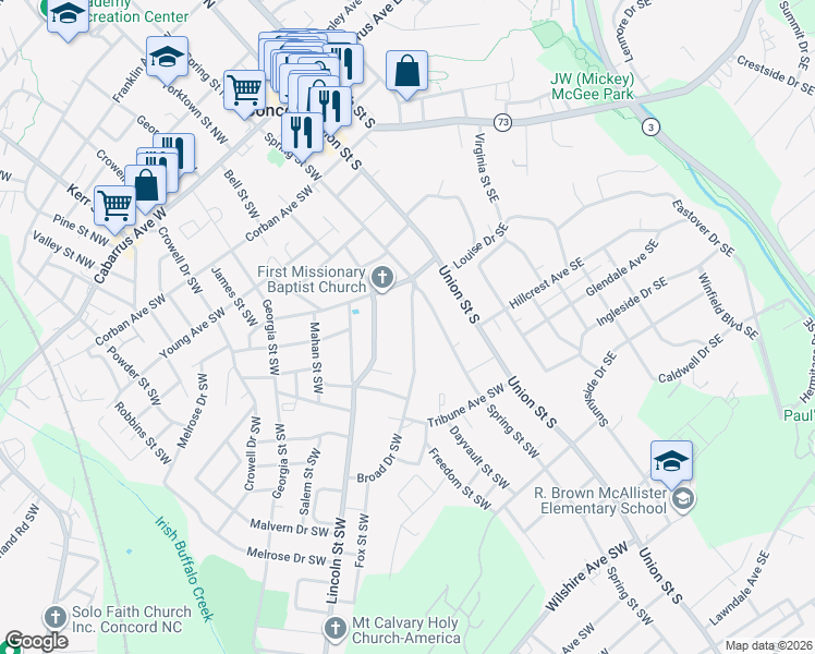 map of restaurants, bars, coffee shops, grocery stores, and more near 244 Broad Drive Southwest in Concord