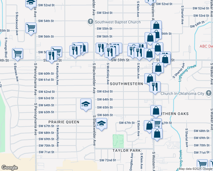 map of restaurants, bars, coffee shops, grocery stores, and more near 1208 Southwest 62nd Street in Oklahoma City
