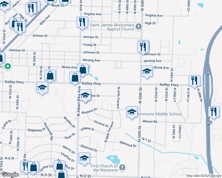 map of restaurants, bars, coffee shops, grocery stores, and more near 4520 Kelley Highway in Fort Smith