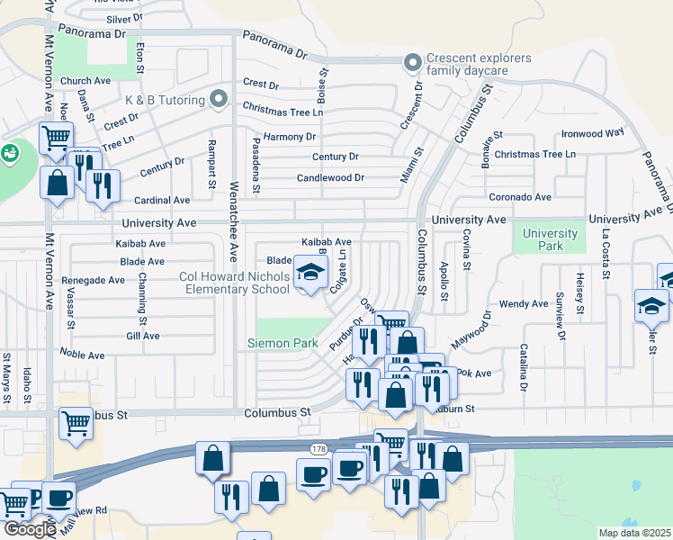 map of restaurants, bars, coffee shops, grocery stores, and more near 3232 Colgate Lane in Bakersfield