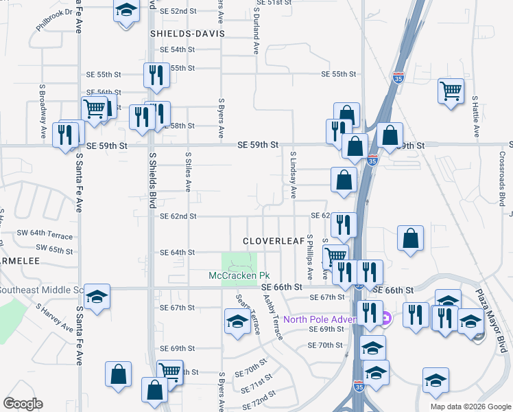 map of restaurants, bars, coffee shops, grocery stores, and more near 6201 Cielo Terrace in Oklahoma City