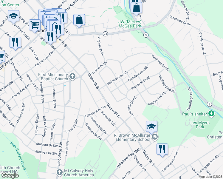 map of restaurants, bars, coffee shops, grocery stores, and more near 322 Sunset Drive Southeast in Concord