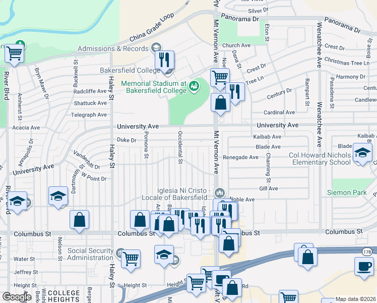 map of restaurants, bars, coffee shops, grocery stores, and more near 3220 Saint Marys Street in Bakersfield