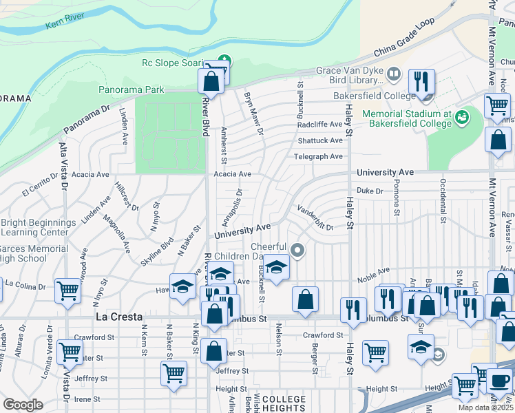 map of restaurants, bars, coffee shops, grocery stores, and more near 3300 Bucknell Street in Bakersfield