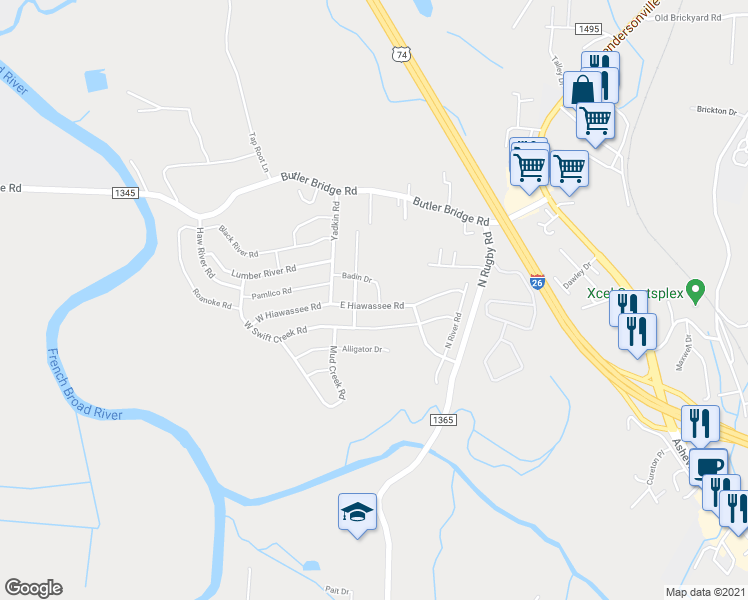 map of restaurants, bars, coffee shops, grocery stores, and more near 105 East Hiawassee Road in Fletcher