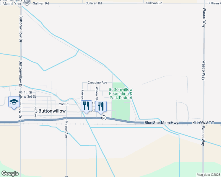 map of restaurants, bars, coffee shops, grocery stores, and more near 496 Sudan Avenue in Buttonwillow