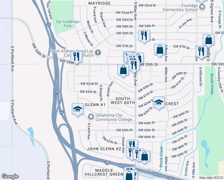 map of restaurants, bars, coffee shops, grocery stores, and more near 3041 Southwest 61st Street in Oklahoma City