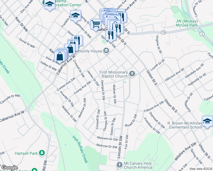 map of restaurants, bars, coffee shops, grocery stores, and more near 155 Chestnut Drive Southwest in Concord