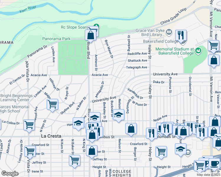 map of restaurants, bars, coffee shops, grocery stores, and more near 3300 Bucknell Street in Bakersfield