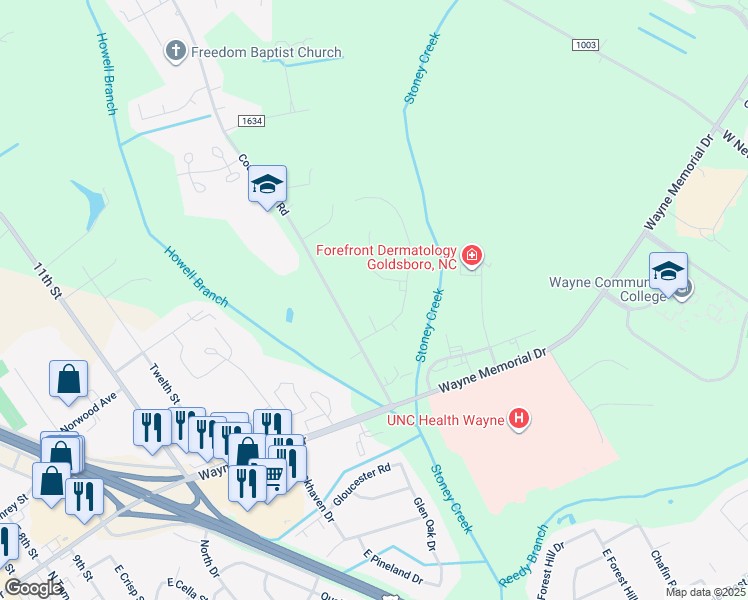 map of restaurants, bars, coffee shops, grocery stores, and more near 1000 Clara Court in Goldsboro