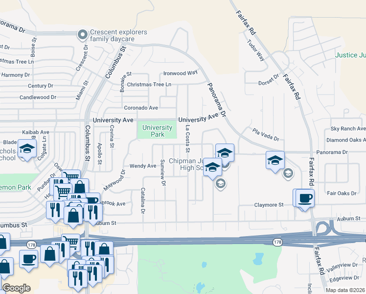 map of restaurants, bars, coffee shops, grocery stores, and more near 3212 La Costa Street in Bakersfield