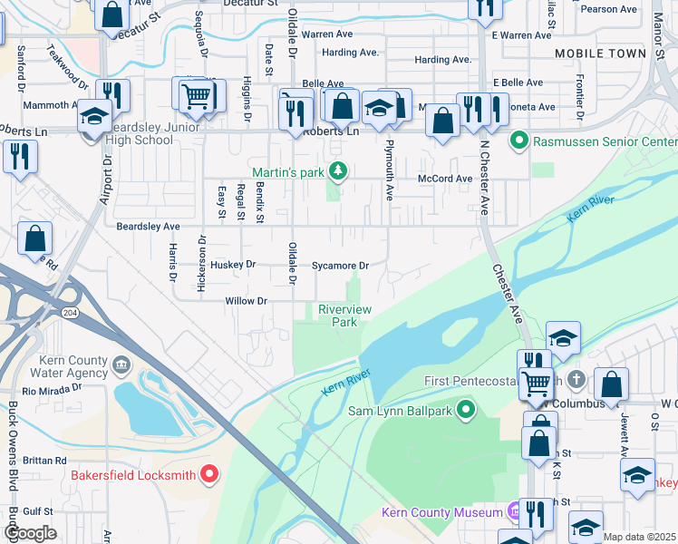 map of restaurants, bars, coffee shops, grocery stores, and more near 327 Sycamore Drive in Bakersfield