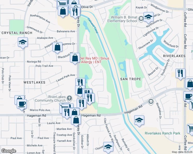 map of restaurants, bars, coffee shops, grocery stores, and more near 4717 Cresta Verde Place in Bakersfield