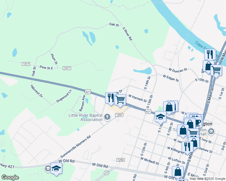 map of restaurants, bars, coffee shops, grocery stores, and more near 1004 Hillside Drive in Lillington