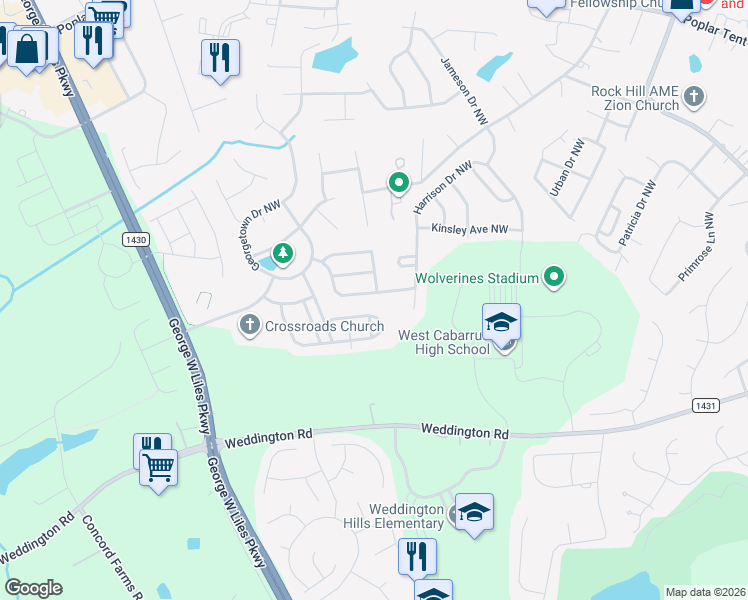 map of restaurants, bars, coffee shops, grocery stores, and more near 2702 Sunberry Lane Northwest in Concord