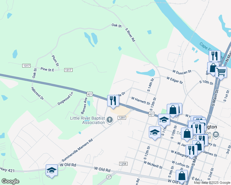 map of restaurants, bars, coffee shops, grocery stores, and more near 1004 Hillside Drive in Lillington