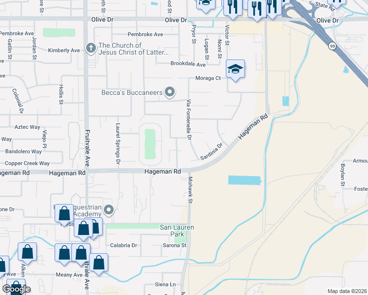 map of restaurants, bars, coffee shops, grocery stores, and more near 4801 Via Fontenelle Drive in Bakersfield