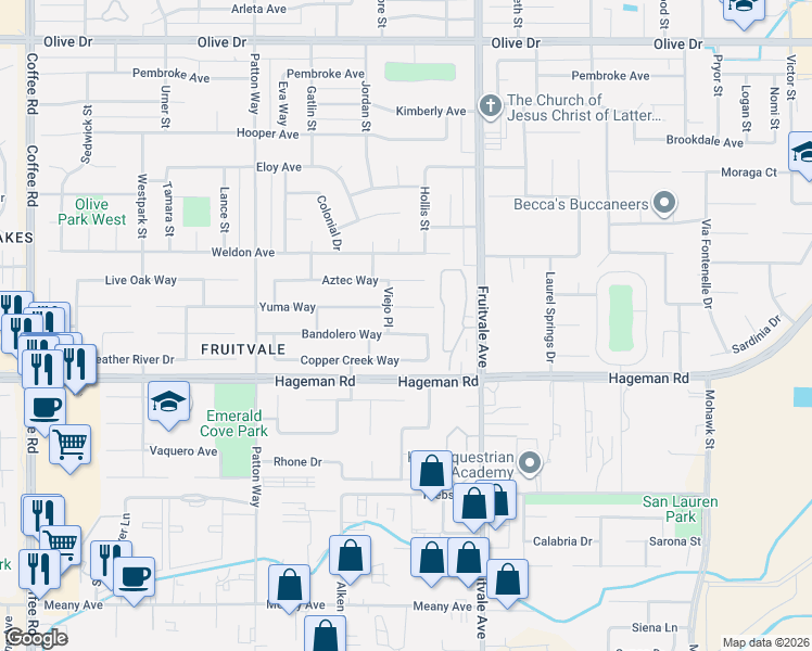 map of restaurants, bars, coffee shops, grocery stores, and more near 6916 Bandolero Way in Bakersfield