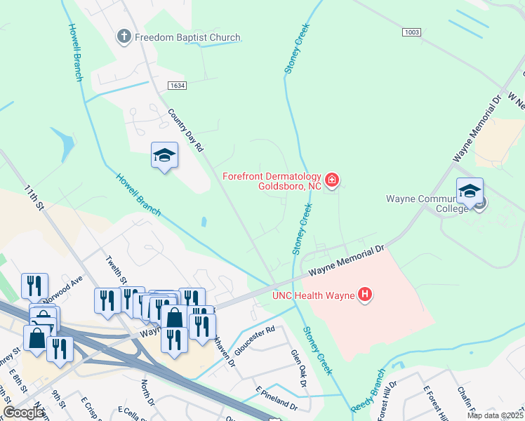map of restaurants, bars, coffee shops, grocery stores, and more near 1000 Clara Court in Goldsboro
