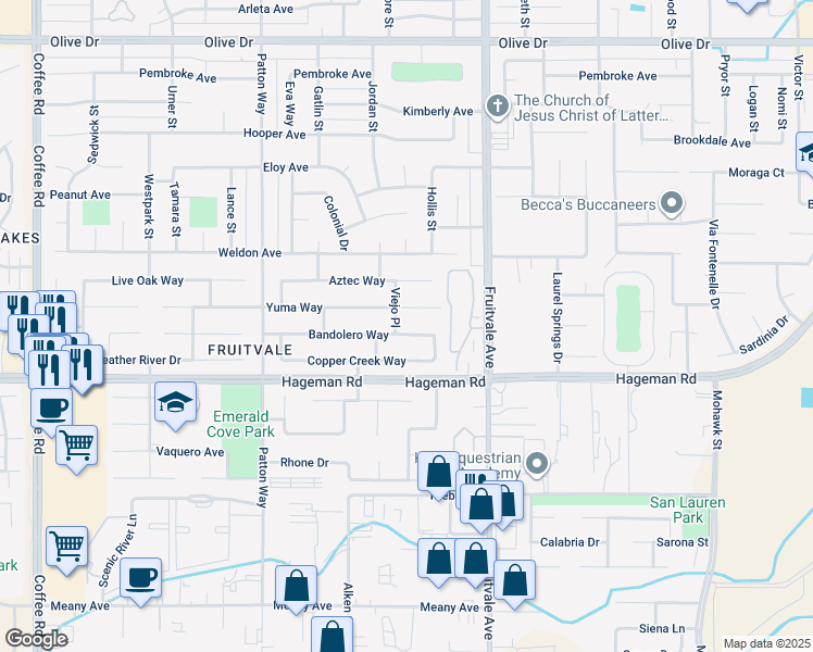 map of restaurants, bars, coffee shops, grocery stores, and more near 6920 Bandolero Way in Bakersfield