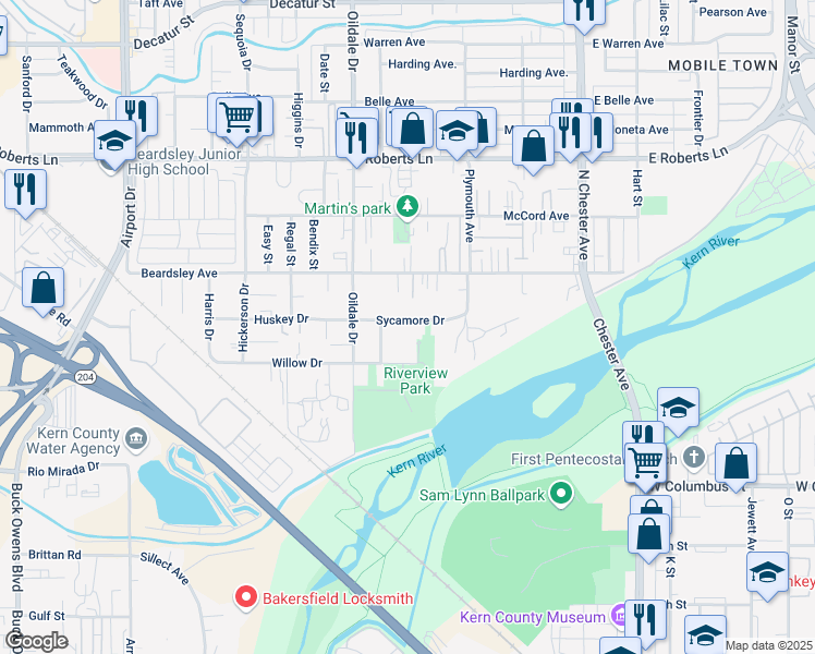 map of restaurants, bars, coffee shops, grocery stores, and more near 327 Sycamore Drive in Bakersfield