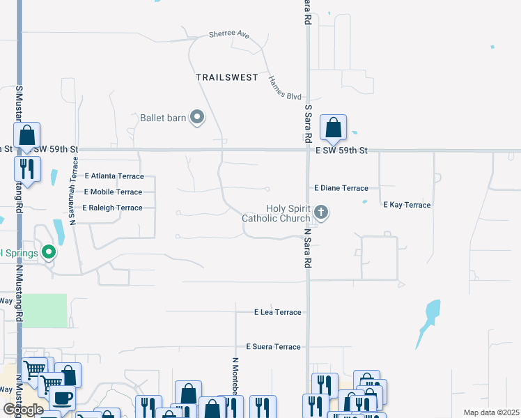 map of restaurants, bars, coffee shops, grocery stores, and more near 725 East Victoria Terrace in Mustang
