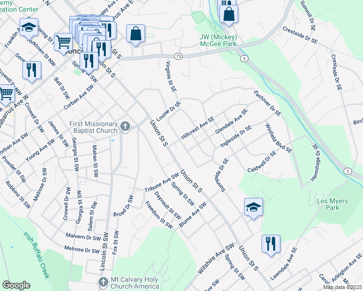 map of restaurants, bars, coffee shops, grocery stores, and more near Sunset Drive Southeast in Concord