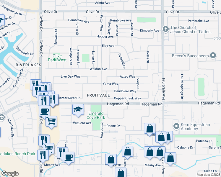 map of restaurants, bars, coffee shops, grocery stores, and more near 7220 Bandolero Way in Bakersfield