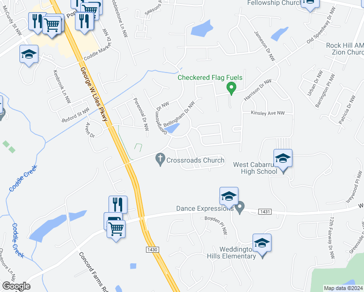 map of restaurants, bars, coffee shops, grocery stores, and more near 589 Lansfaire Avenue Northwest in Concord