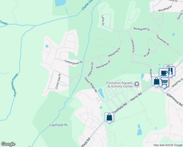 map of restaurants, bars, coffee shops, grocery stores, and more near 11124 Highcrest Drive in Huntersville